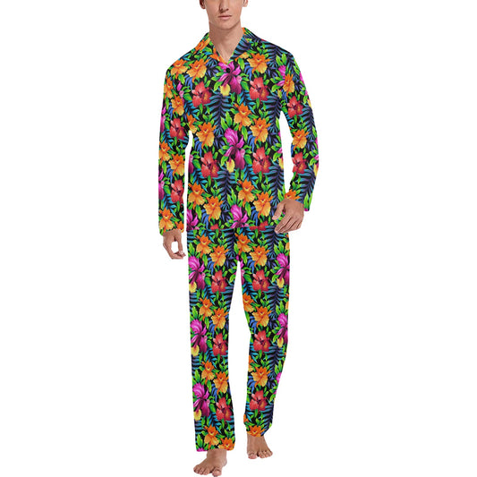 Tropical Folower Colorful Print Men's Long Pajama Set