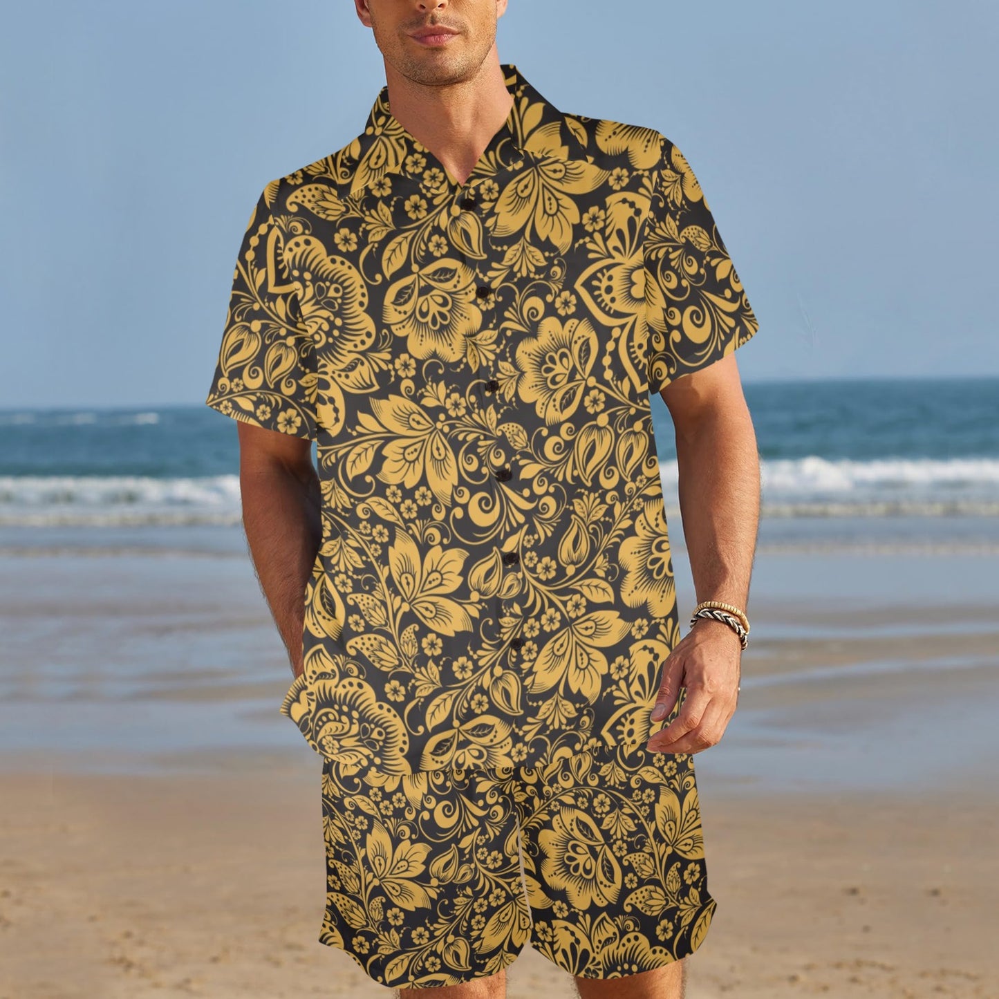 Brocade Gold Pattern Print Design 01 Men's Beach Shirt and Shorts Set