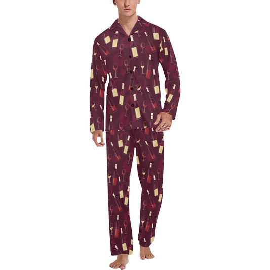 Wine Themed Pattern Print Men's Long Pajama Set