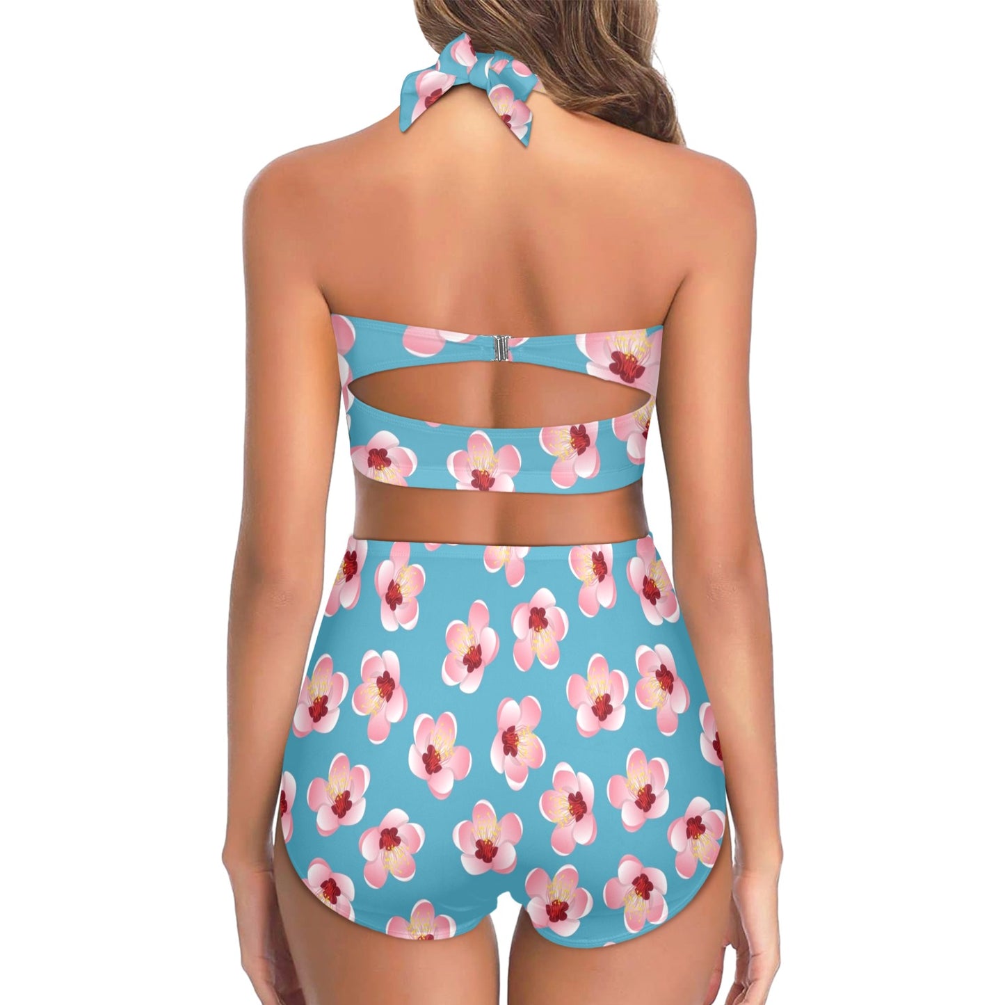 Cherry Blossom Pattern Print Design CB09 Halter Neck Bikini Swimsuit