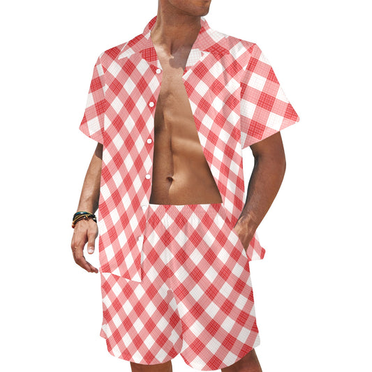 Gingham Red Pattern Print Design 01 Men's Beach Shirt and Shorts Set