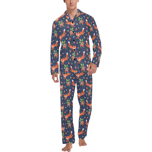 Fox Strawberry Print Pattern Men's Long Pajama Set