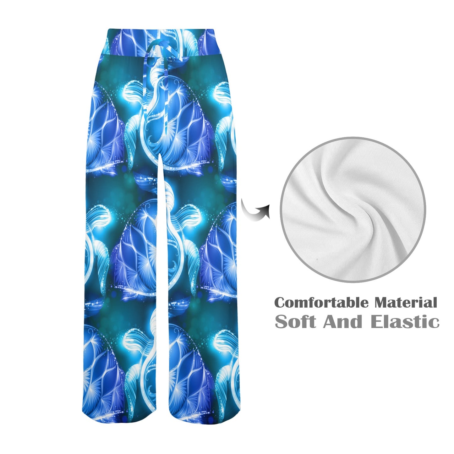 Blue Neon Sea Turtle Print Women's Wide Leg Lounge Pants