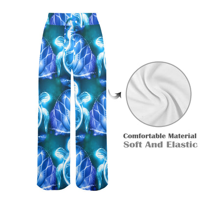 Blue Neon Sea Turtle Print Women's Wide Leg Lounge Pants