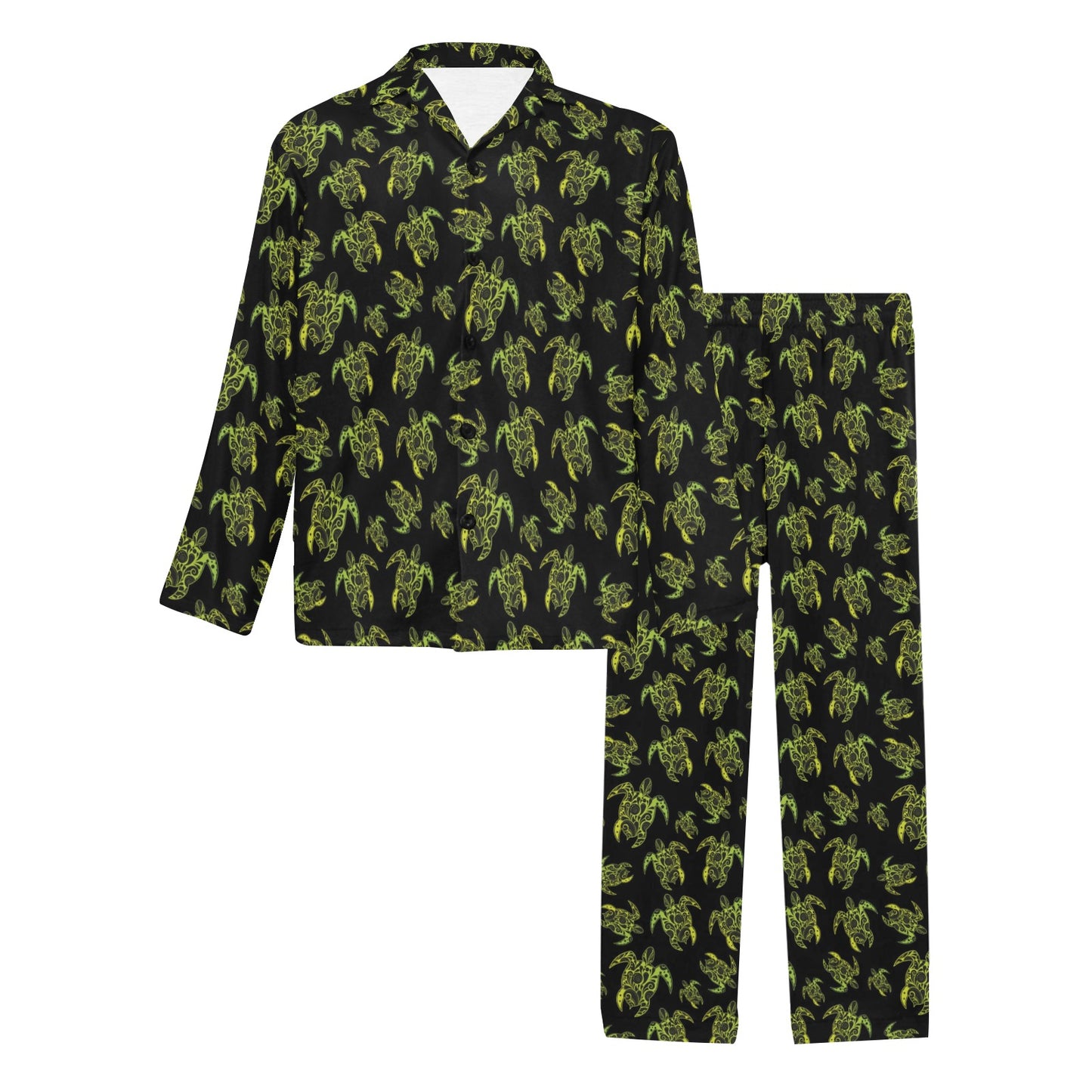 Green Tribal Turtle Polynesian Themed Men's Long Pajama Set