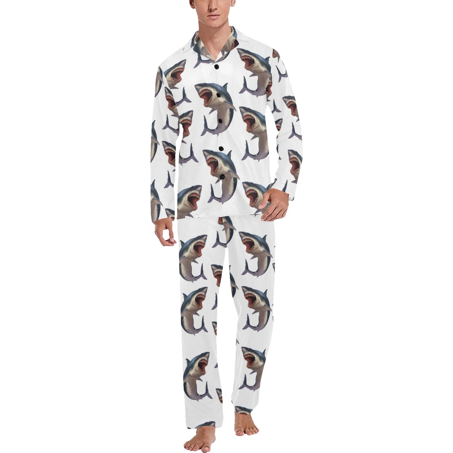 Great White Shark Pattern Print Design 03 Men's Long Pajama Set