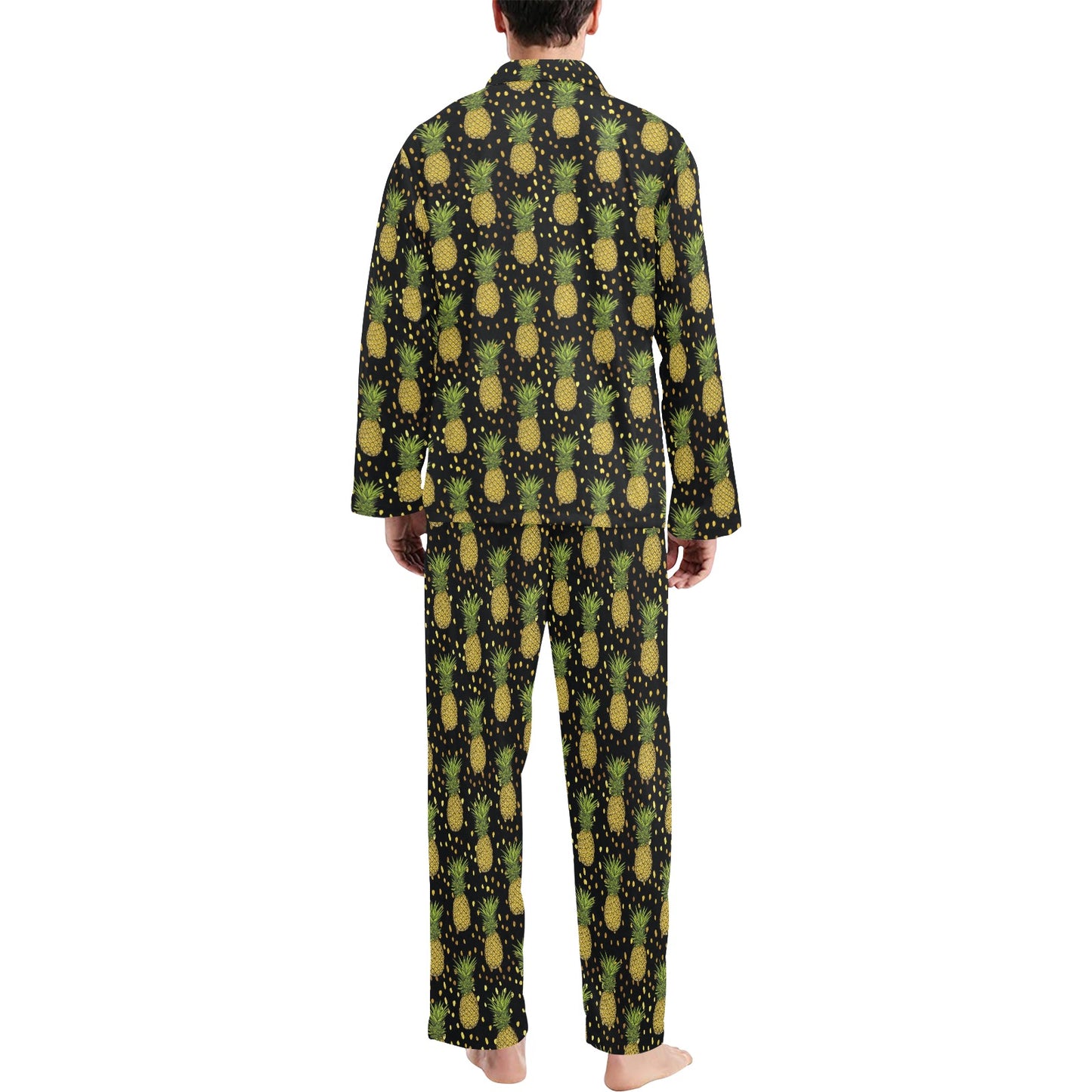 Pineapple Gold Dot Themed Print Men's Long Pajama Set