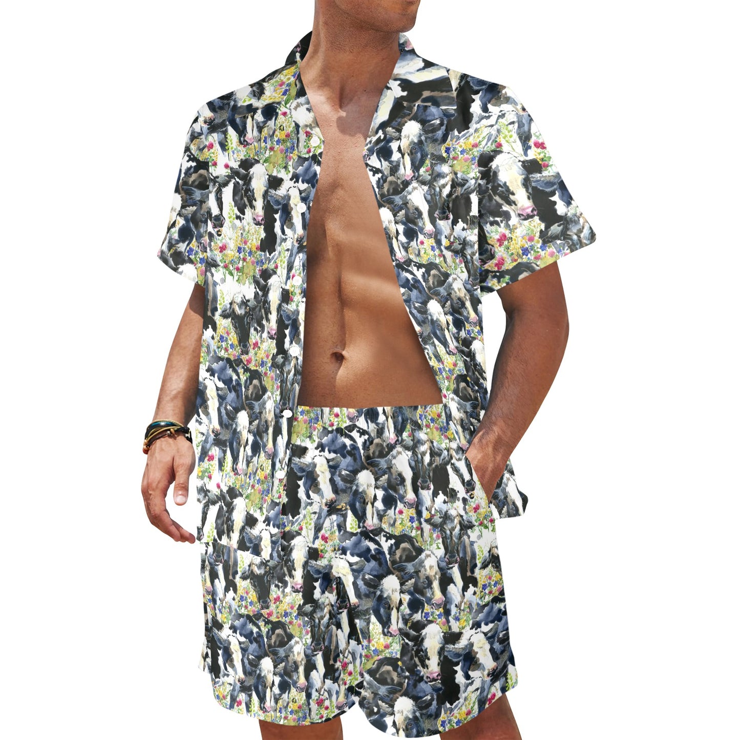 Cow Watercolor Print Pattern Men's Beach Shirt and Shorts Set