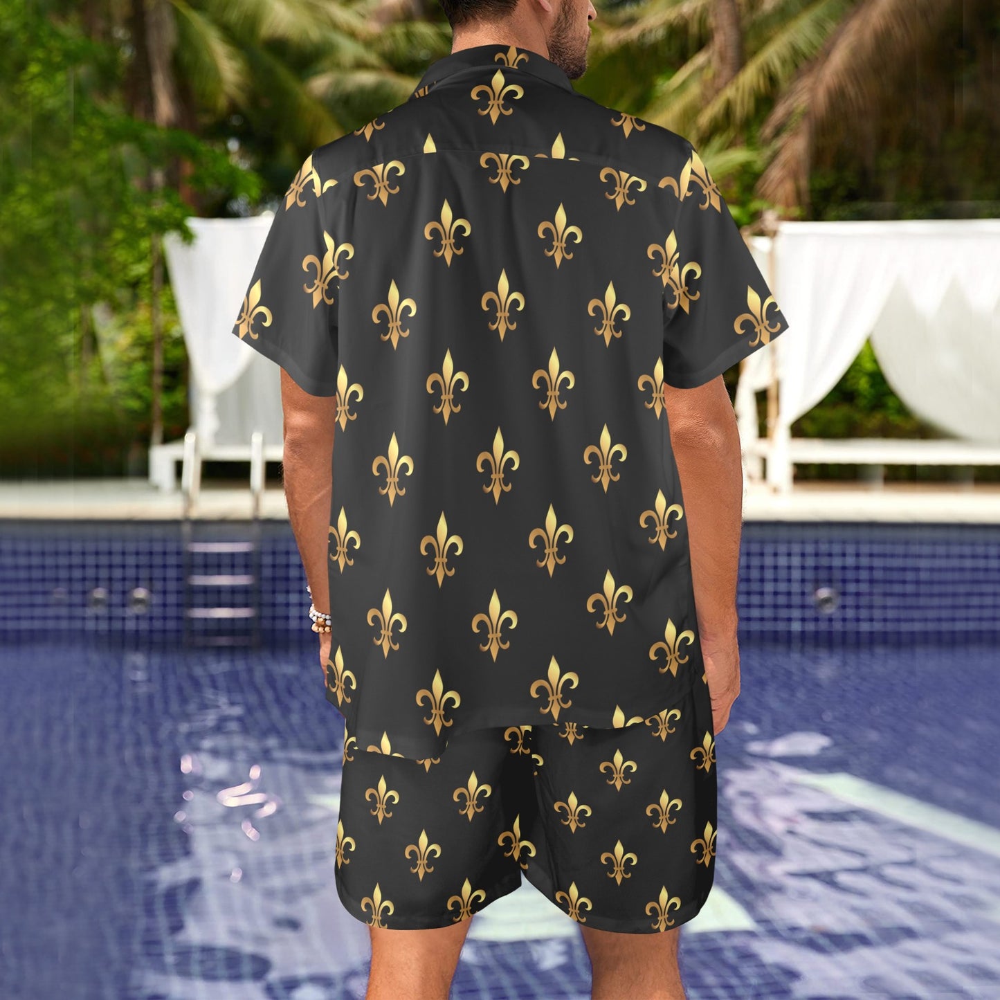 Fleur De Lis Gold Pattern Print Design 03 Men's Beach Shirt and Shorts Set