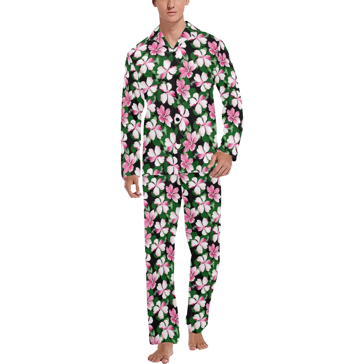 Hibiscus Pink Flower Hawaiian Print Men's Long Pajama Set