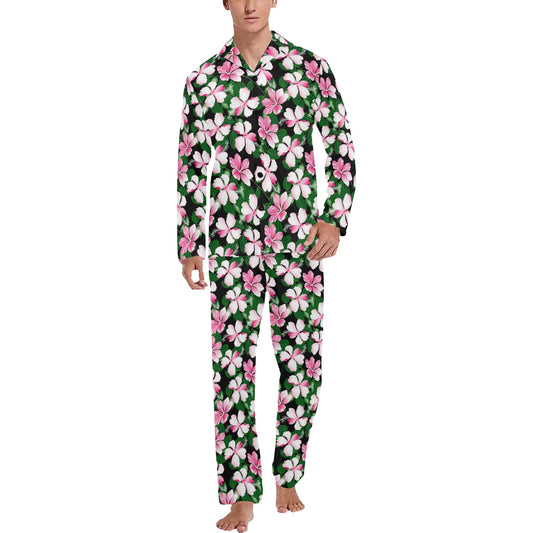 Hibiscus Pink Flower Hawaiian Print Men's Long Pajama Set