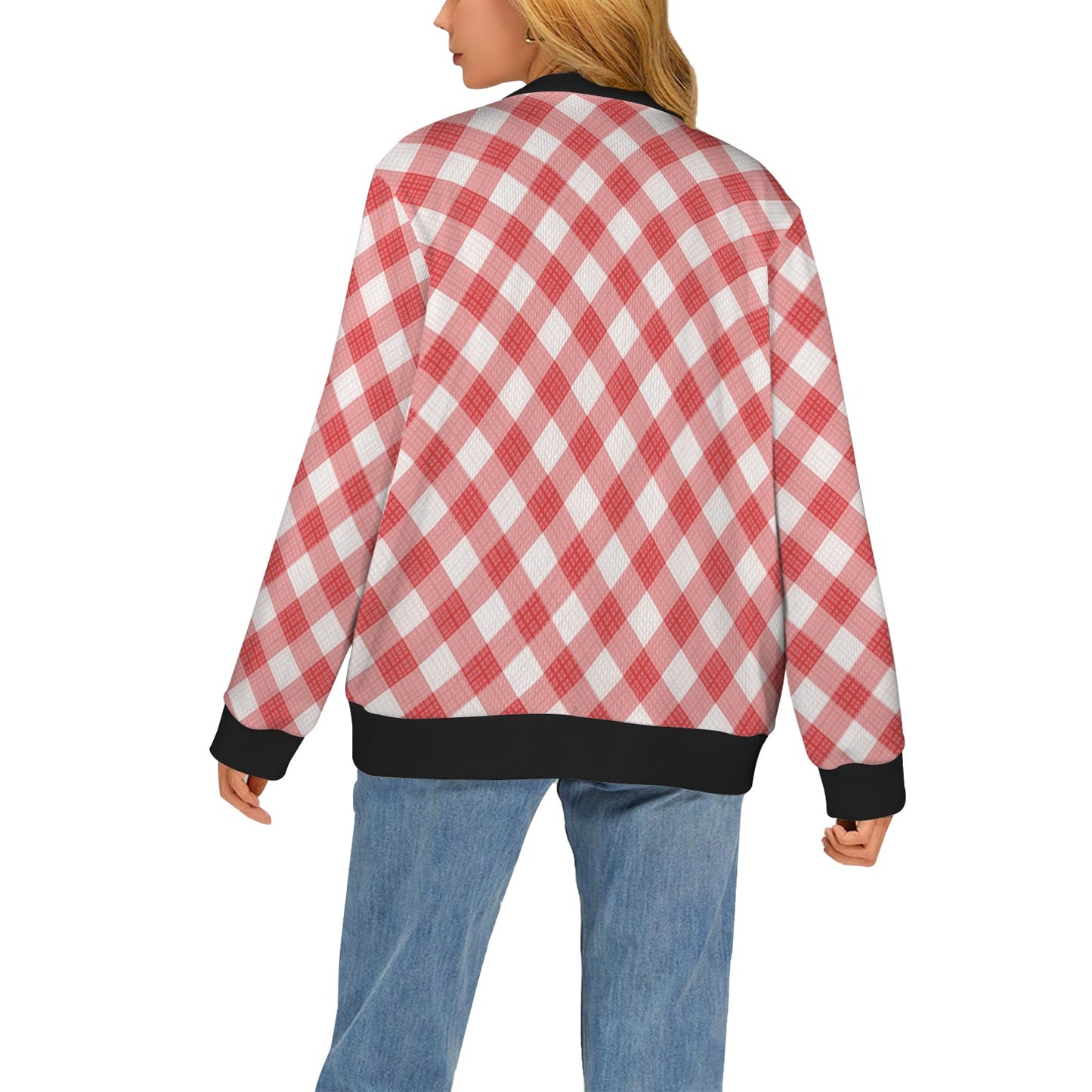 Gingham Red Pattern Print Design 01 Women's Cardigan