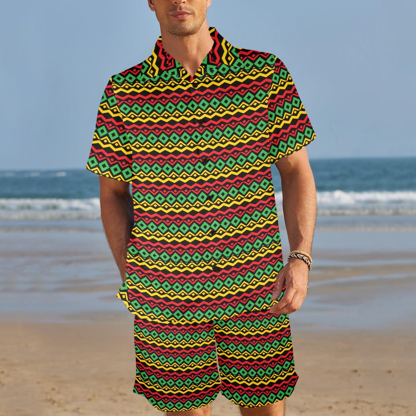 Rasta Reggae Color Themed Men's Beach Shirt and Shorts Set