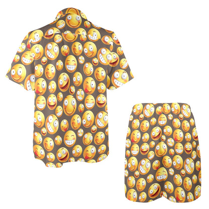 Smiley Face Emoji Print Design LKS303 Men's Beach Shirt and Shorts Set