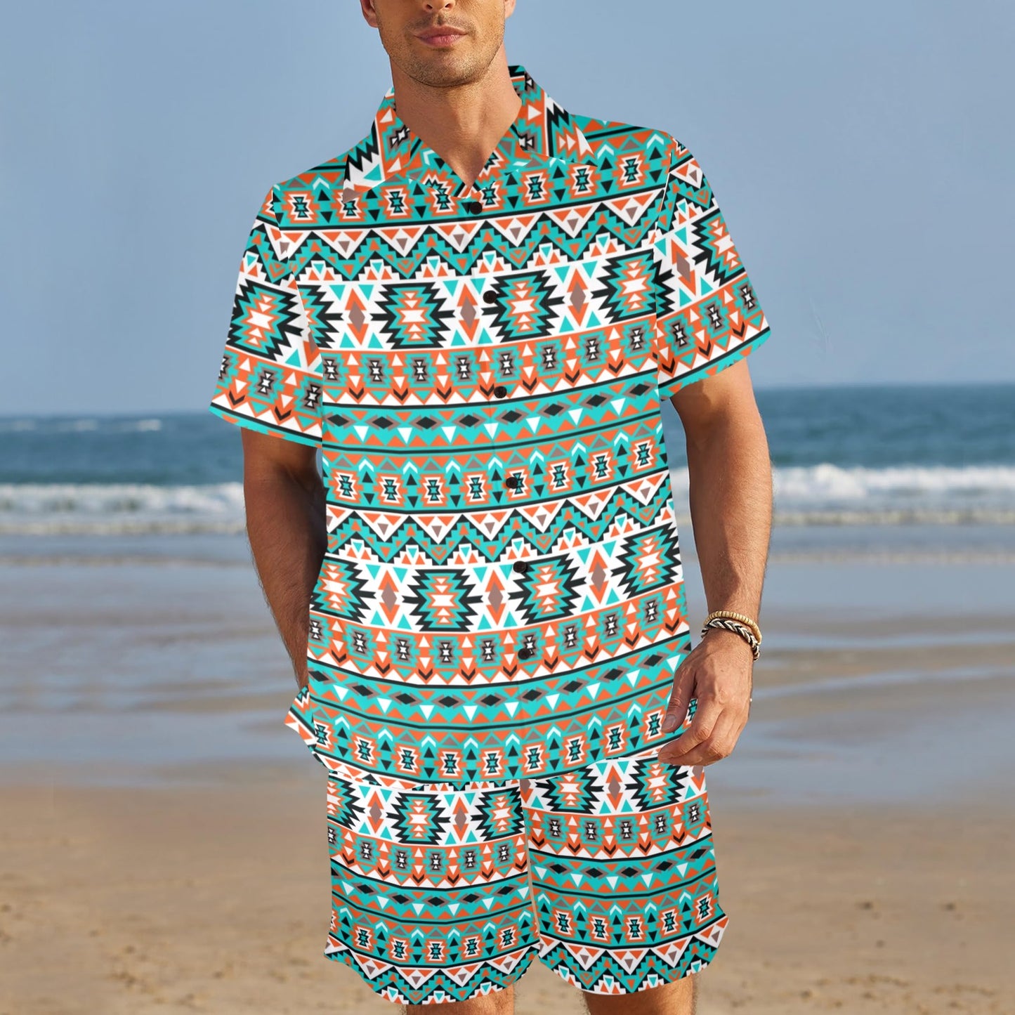 Indian Navajo Ethnic Themed Design Print Men's Beach Shirt and Shorts Set