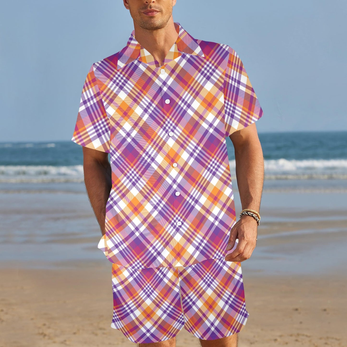 Madras Pattern Print Design 02 Men's Beach Shirt and Shorts Set