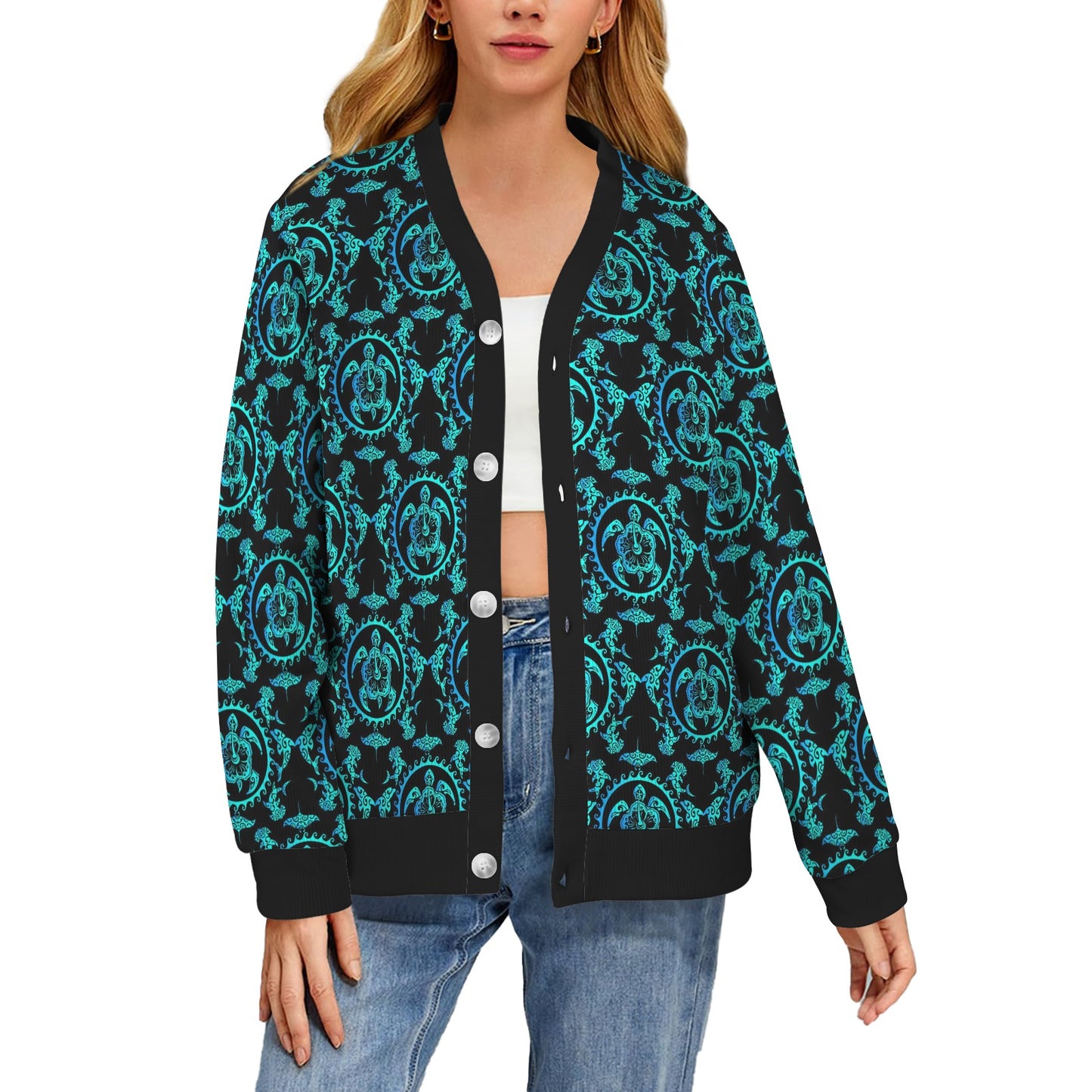 turquoise Tribal Sea Turtle Hawaiian Women's Cardigan