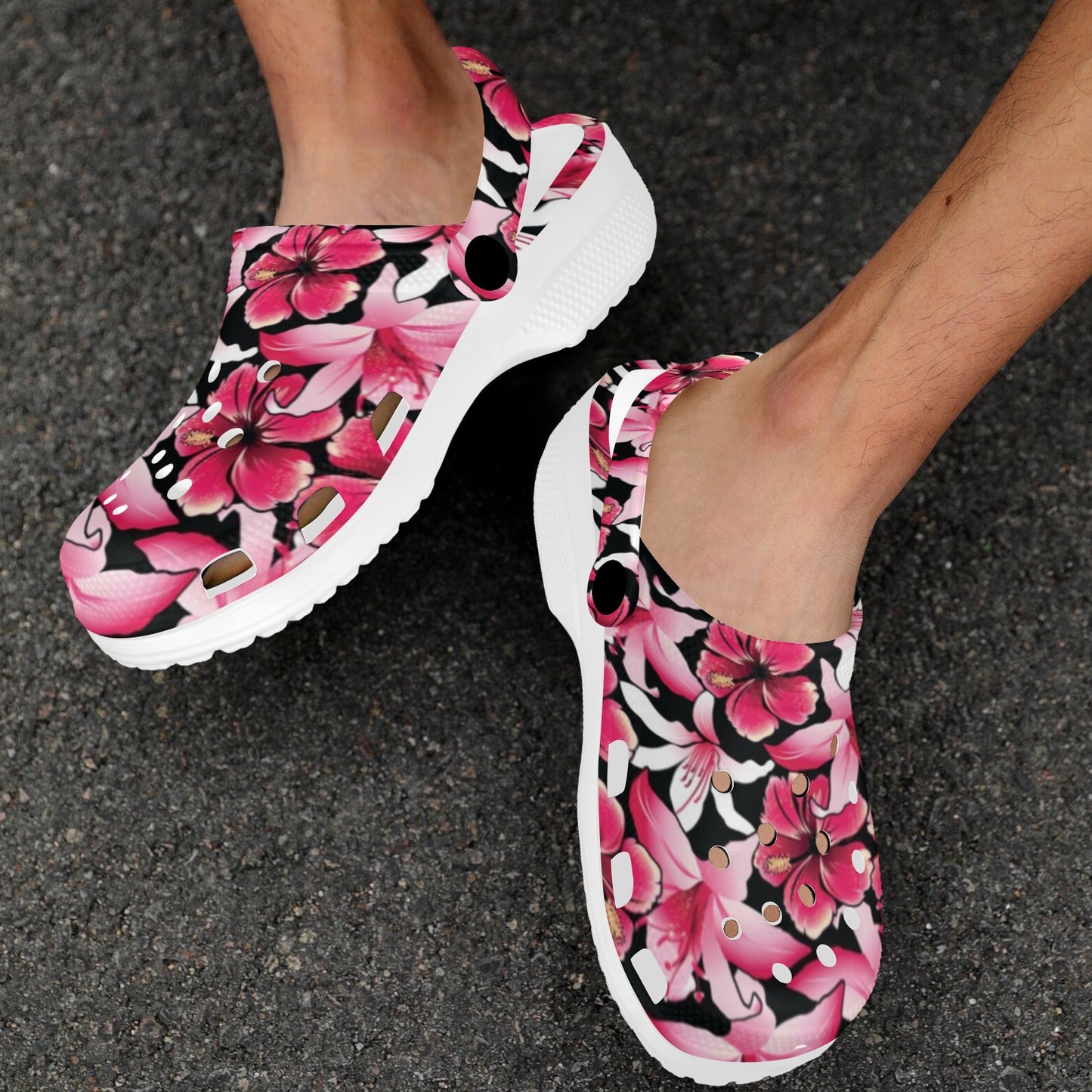 Flower Hawaiian Pink Red Hibiscus Print Unisex Clogs Shoes