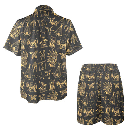 American indian Gold Style Men's Beach Shirt and Shorts Set
