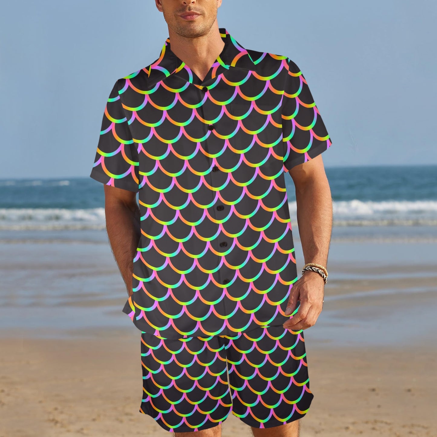 Mermaid Tail Rainbow Design Print Men's Beach Shirt and Shorts Set