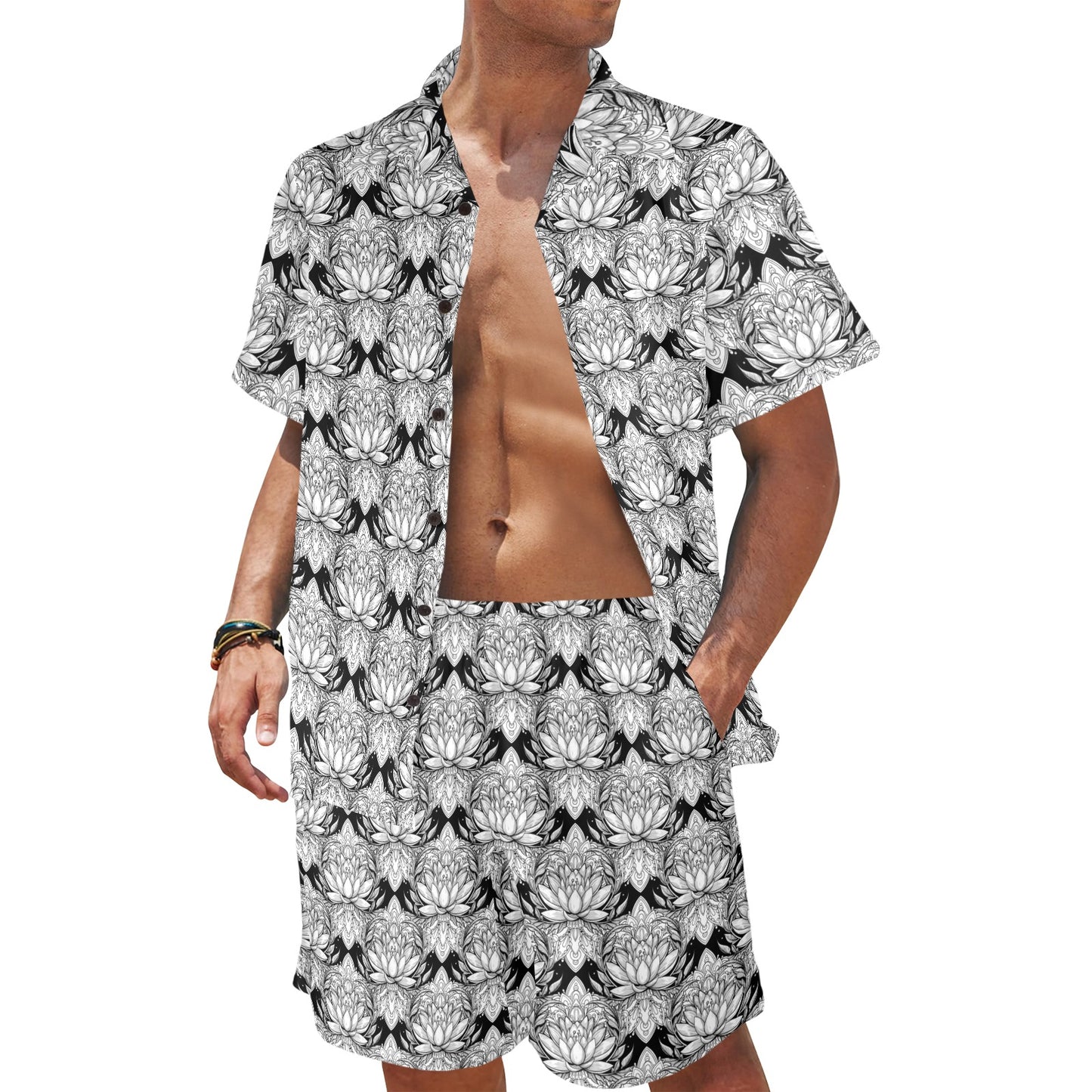Lotus Mandala Print Pattern Men's Beach Shirt and Shorts Set