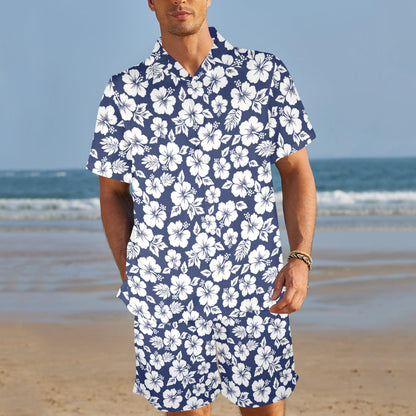 Hibiscus Blue Hawaiian Flower Style Men's Beach Shirt and Shorts Set