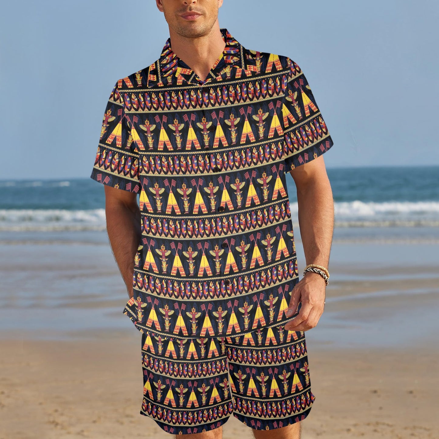 Totem Pole Design Men's Beach Shirt and Shorts Set