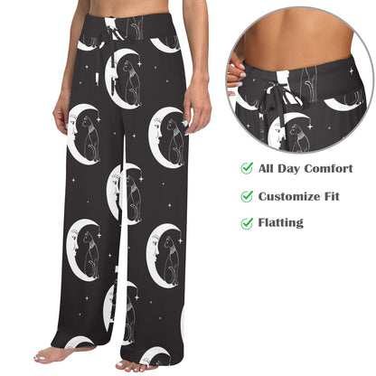 Moon with Cat Pattern Print Design 04 Women's Wide Leg Lounge Pants