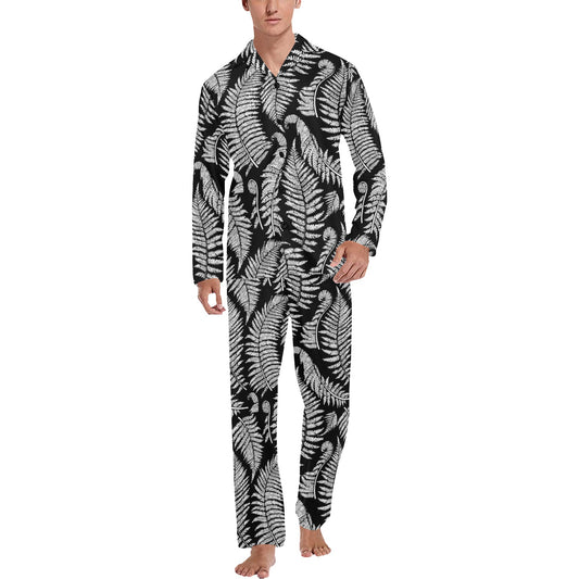 Fern Leave Black White Print Pattern Men's Long Pajama Set