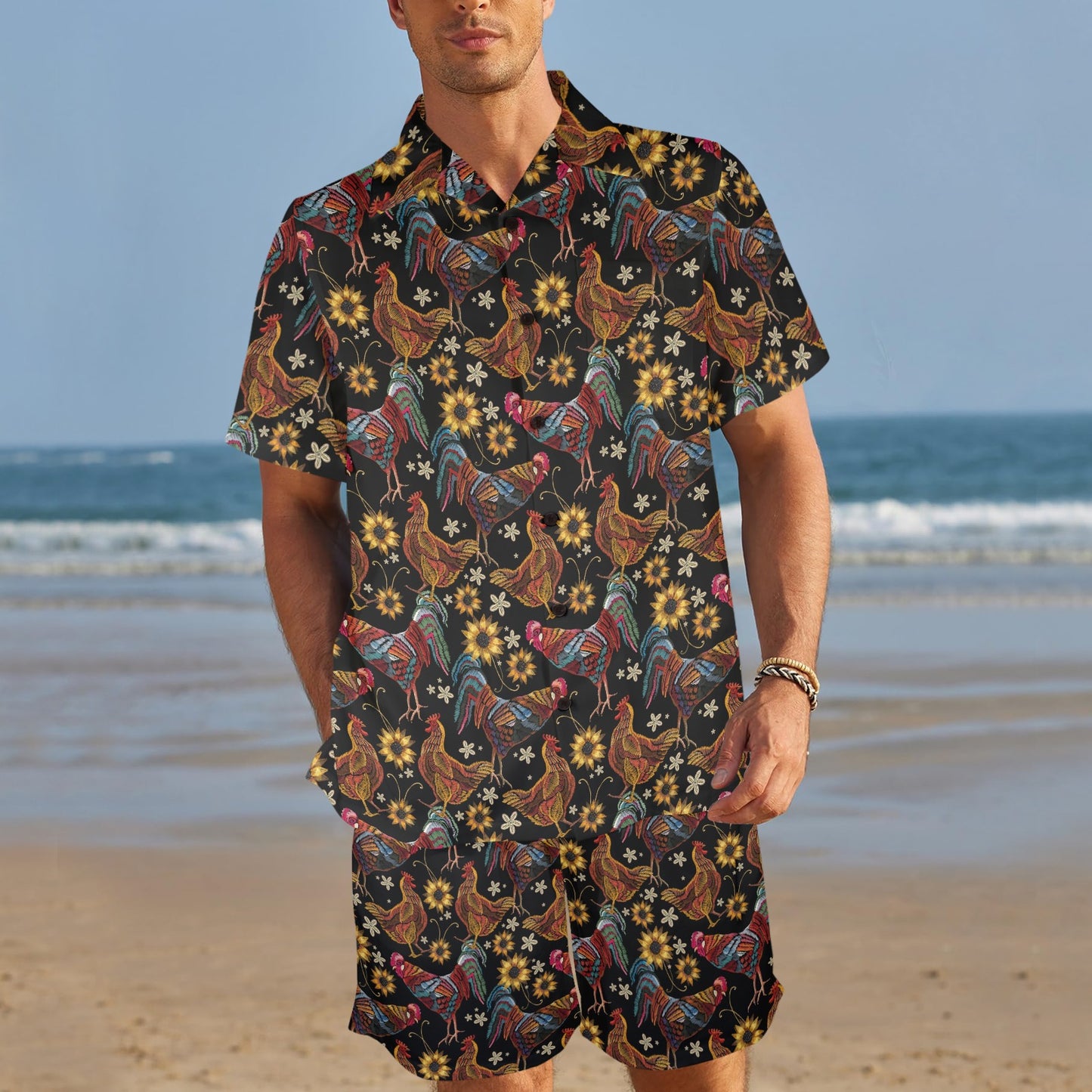 Chicken Embroidery Style Men's Beach Shirt and Shorts Set