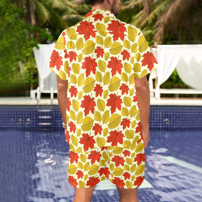 Elm Maple Leave Print Pattern Men's Beach Shirt and Shorts Set