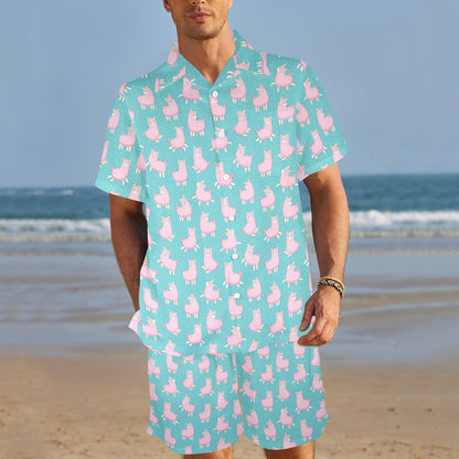 Alpaca Cartoon Design Themed Print Men's Beach Shirt and Shorts Set