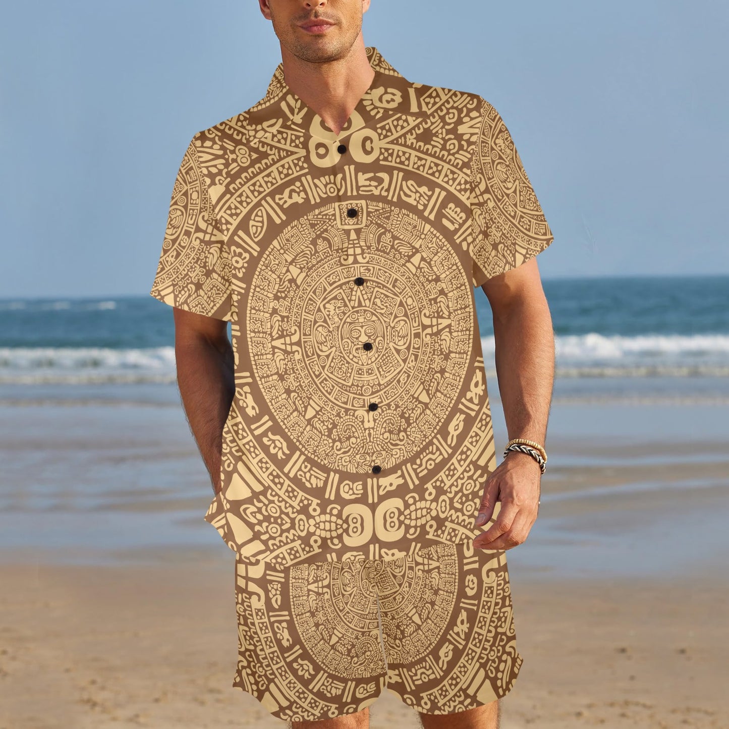 Mayan Pattern Print Design 01 Men's Beach Shirt and Shorts Set