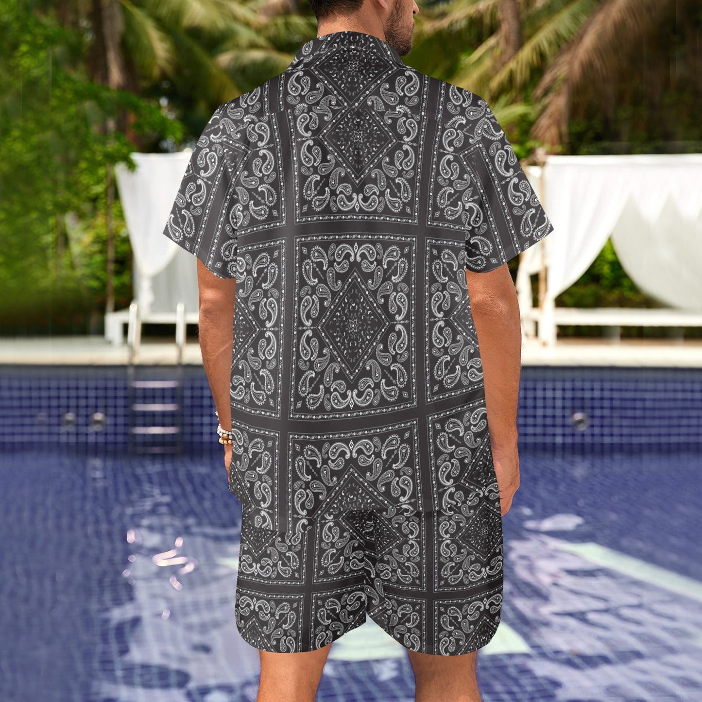 Bandana Black White Print Design LKS302 Men's Beach Shirt and Shorts Set