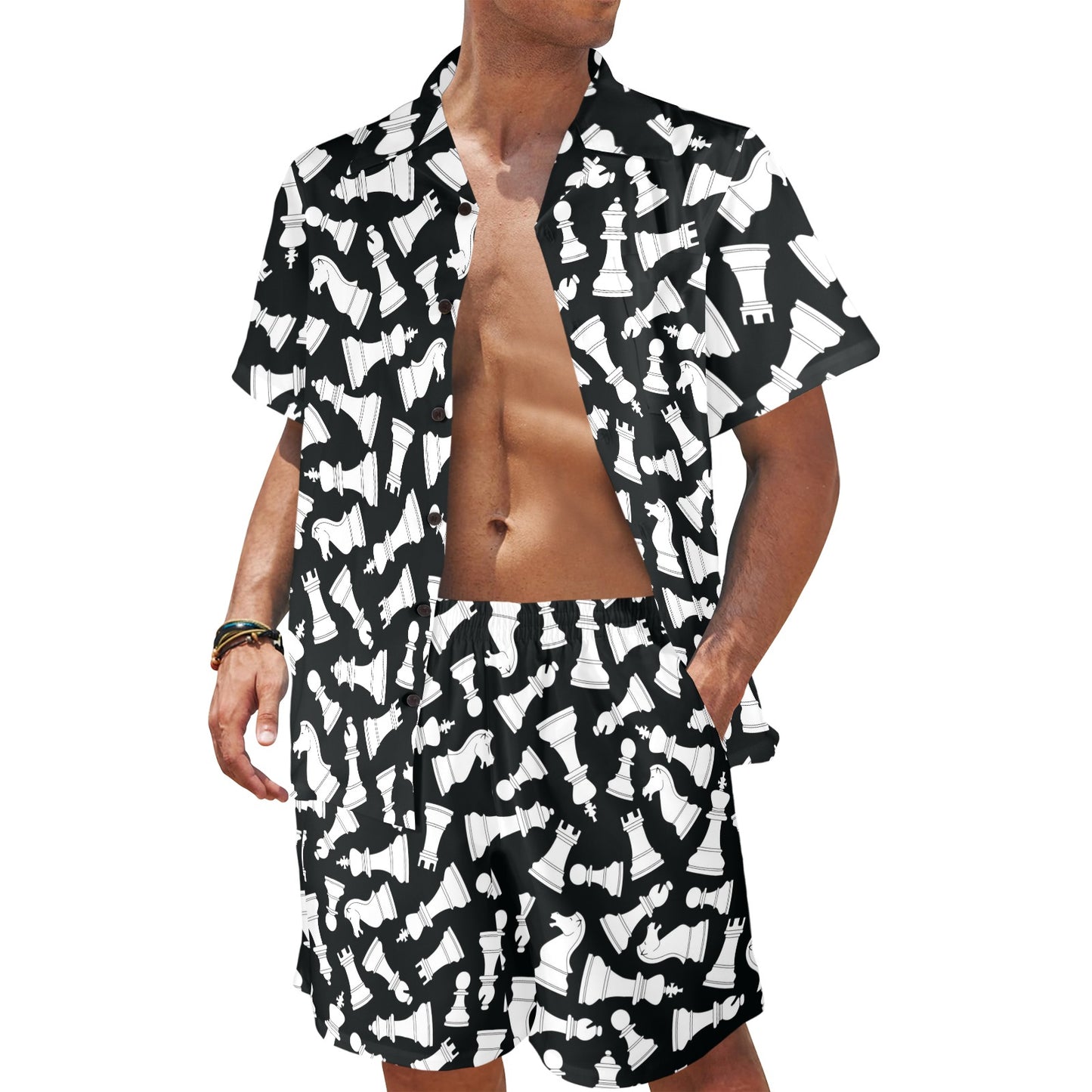 Chess Pattern Print Design 01 Men's Beach Shirt and Shorts Set