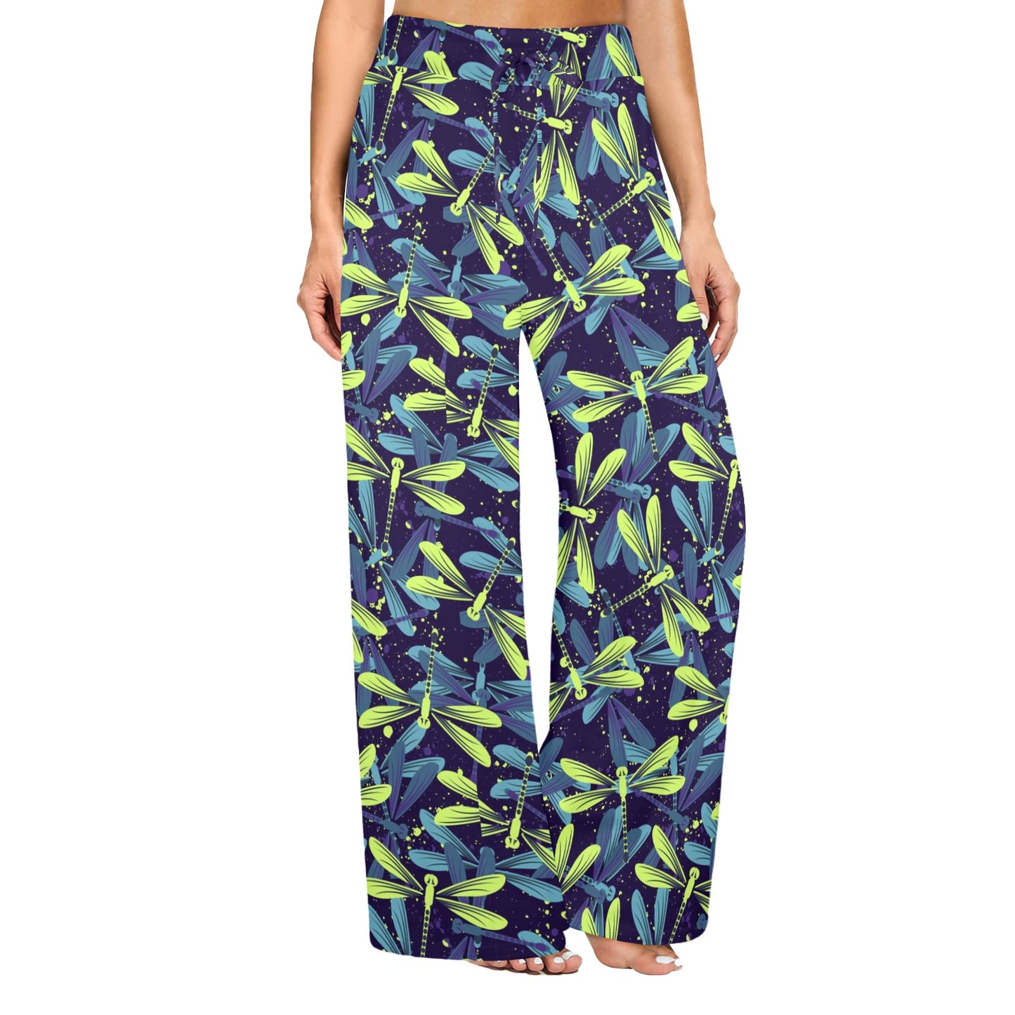 Dragonfly Lime Blue Print Pattern Women's Wide Leg Lounge Pants