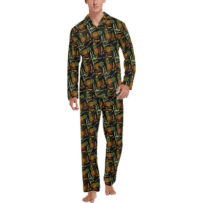 Aloha Hawaii Time Design Themed Print Men's Long Pajama Set