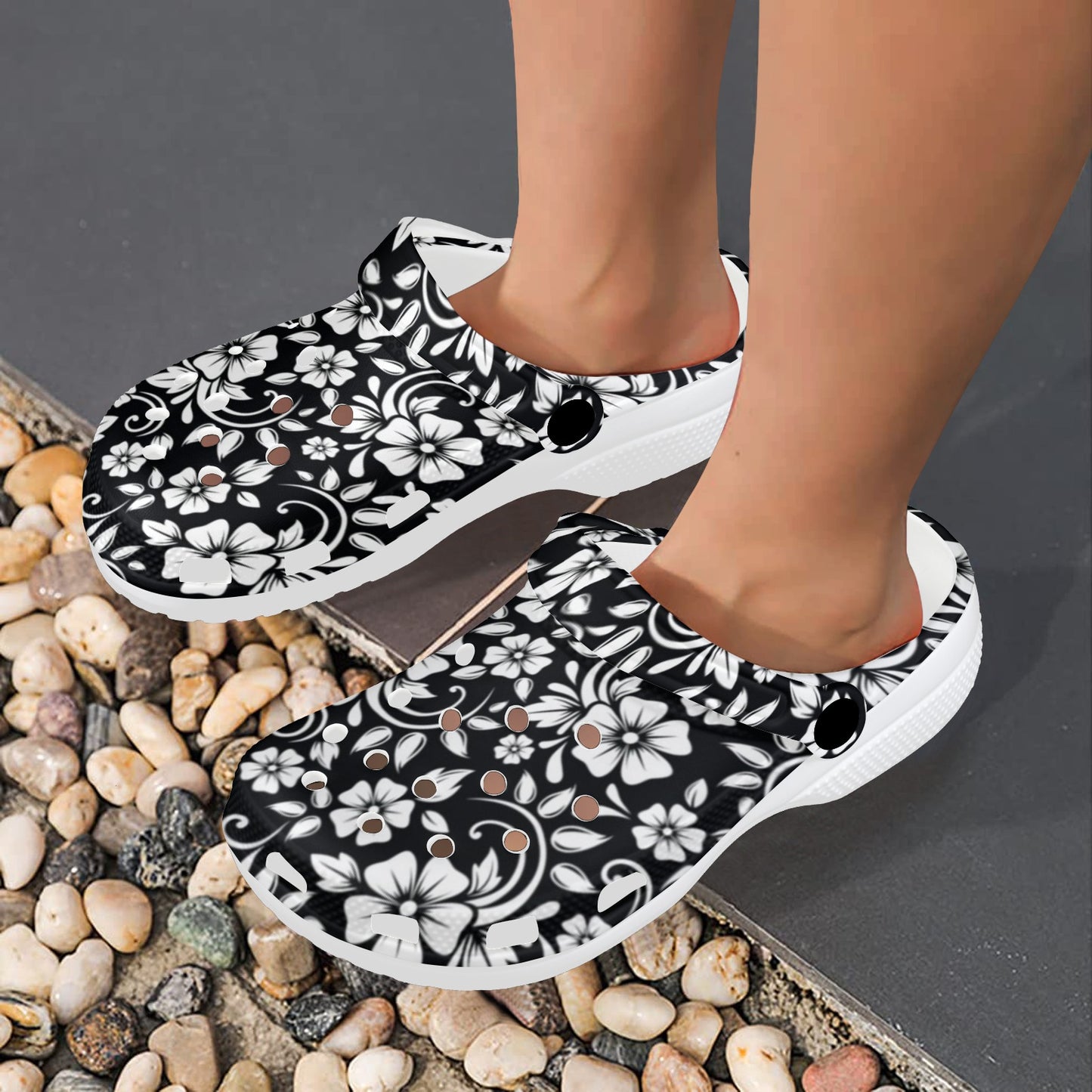 Floral Black White Themed Print Unisex Clogs Shoes