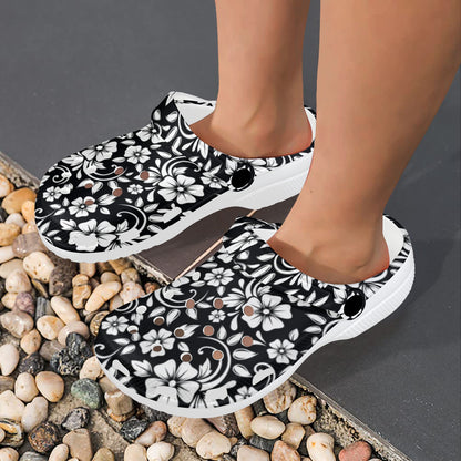 Floral Black White Themed Print Unisex Clogs Shoes