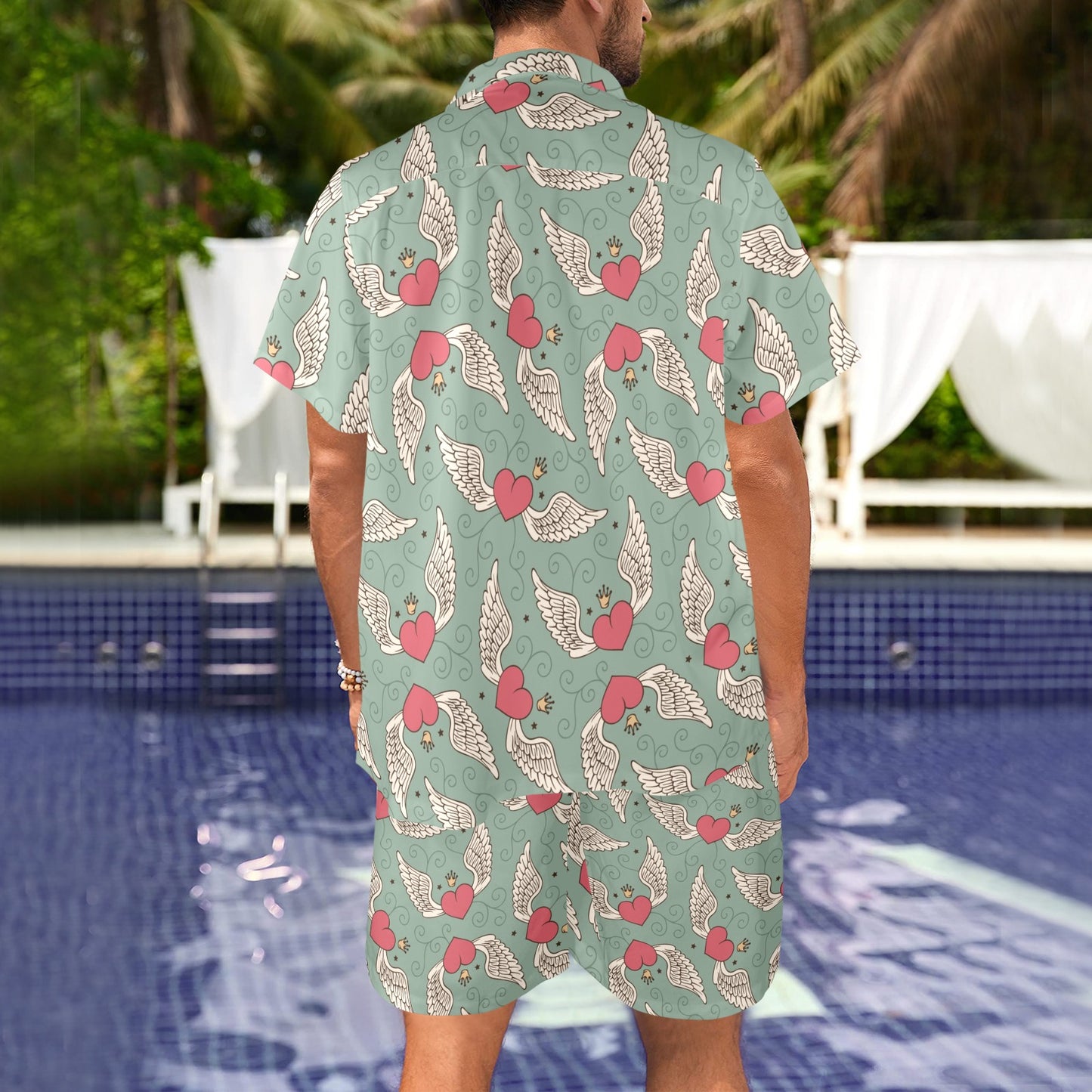 Angel Wings Heart Design Themed Print Men's Beach Shirt and Shorts Set