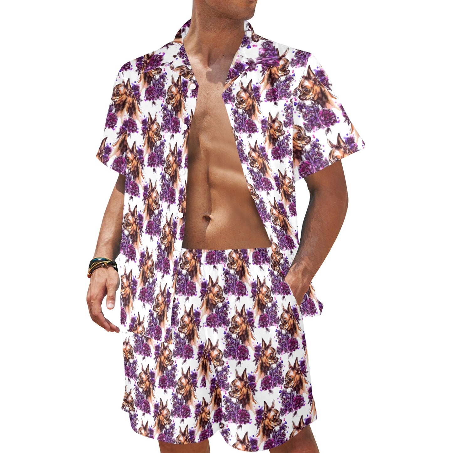 Chihuahua Purple Floral Men's Beach Shirt and Shorts Set