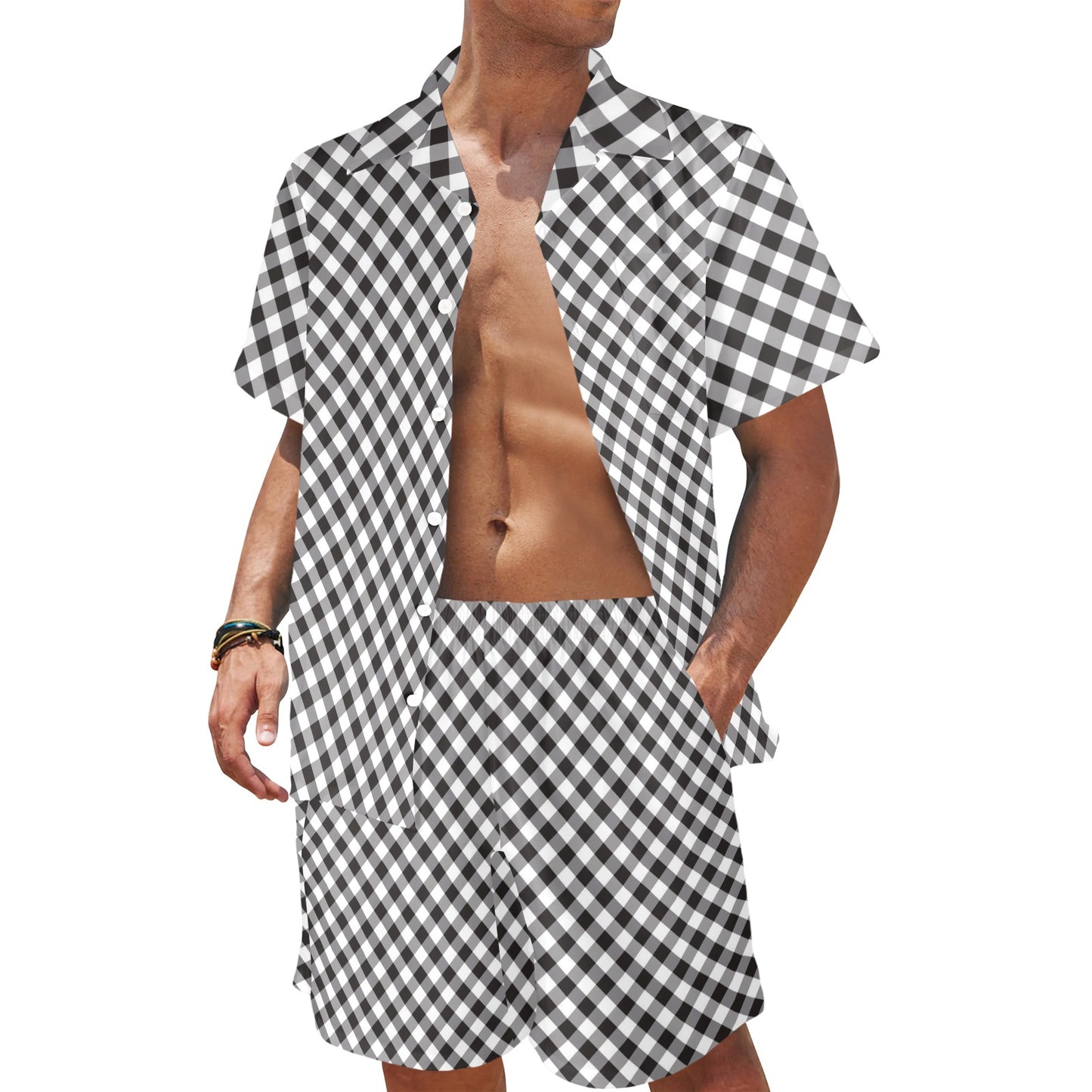Gingham Print Design LKS402 Men's Beach Shirt and Shorts Set
