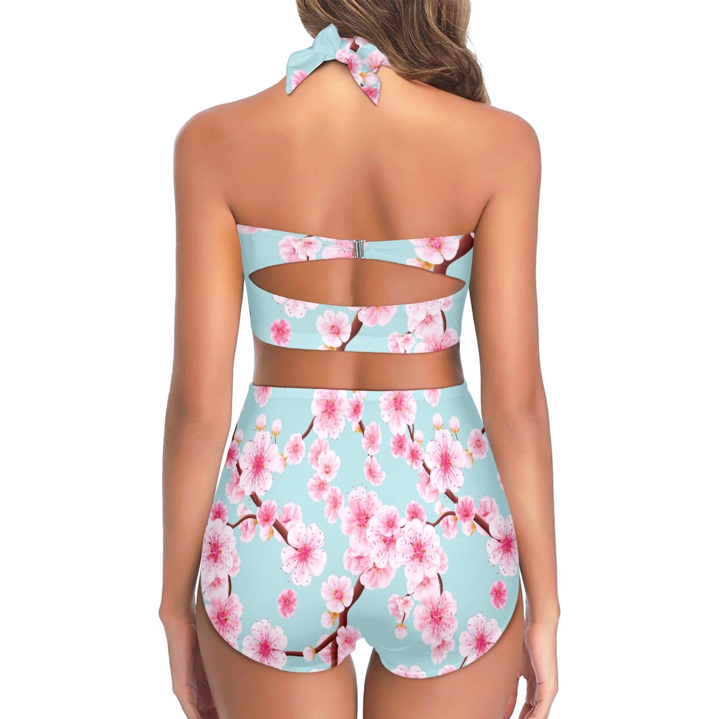 Cherry Blossom Pattern Print Design CB04 Halter Neck Bikini Swimsuit