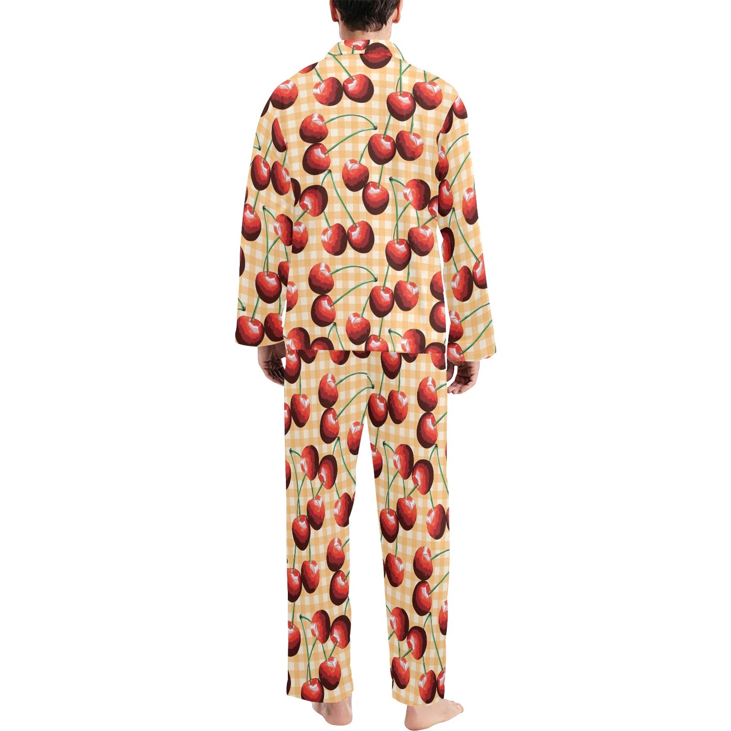 Cherry Orange Plaid Print Men's Long Pajama Set