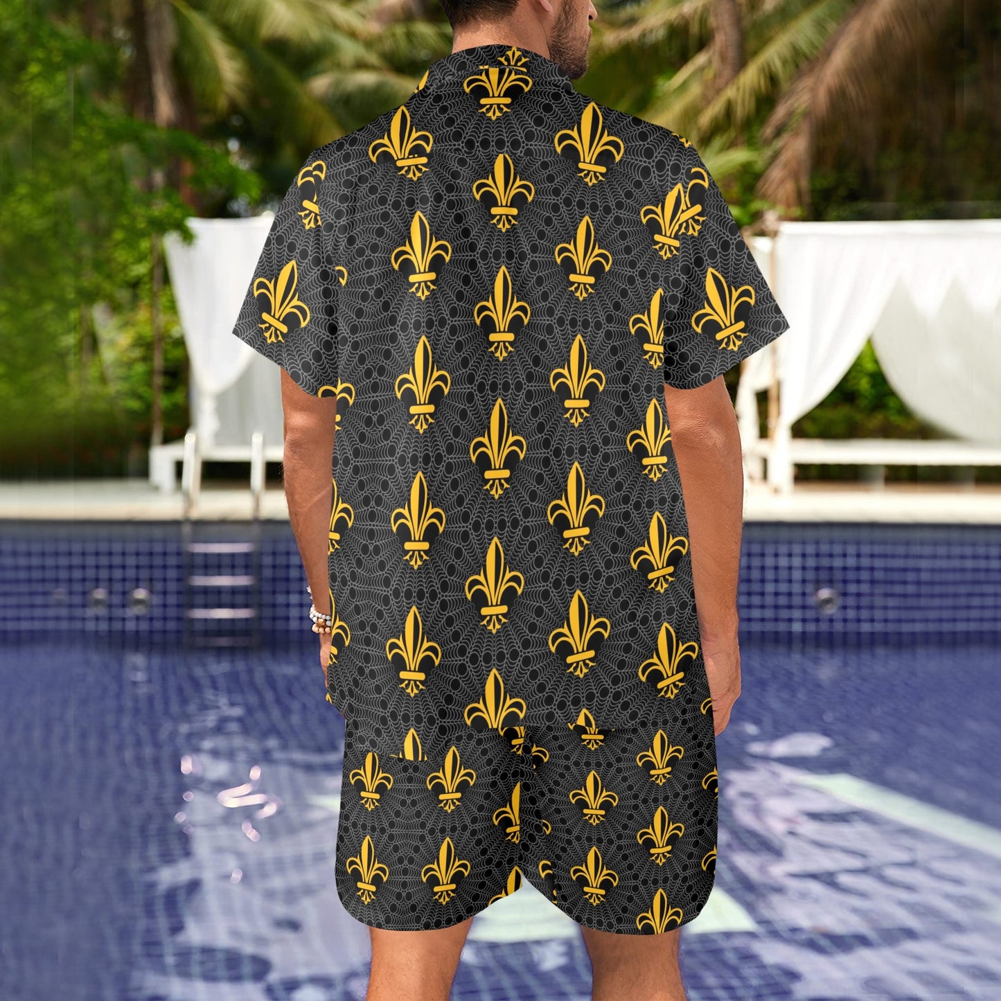 Fleur De Lis Gold Pattern Print Design 01 Men's Beach Shirt and Shorts Set