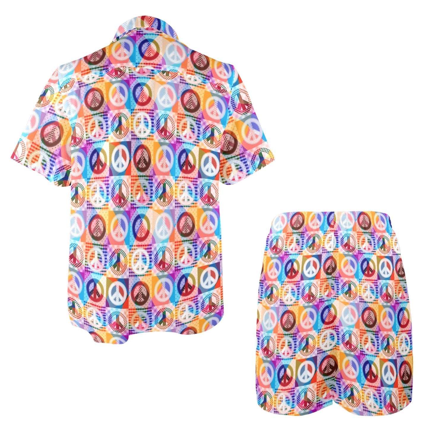Peace Sign Patchwork Design Print Men's Beach Shirt and Shorts Set