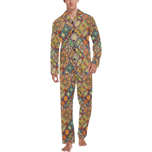 Mandala Flower Themed Design Print Men's Long Pajama Set