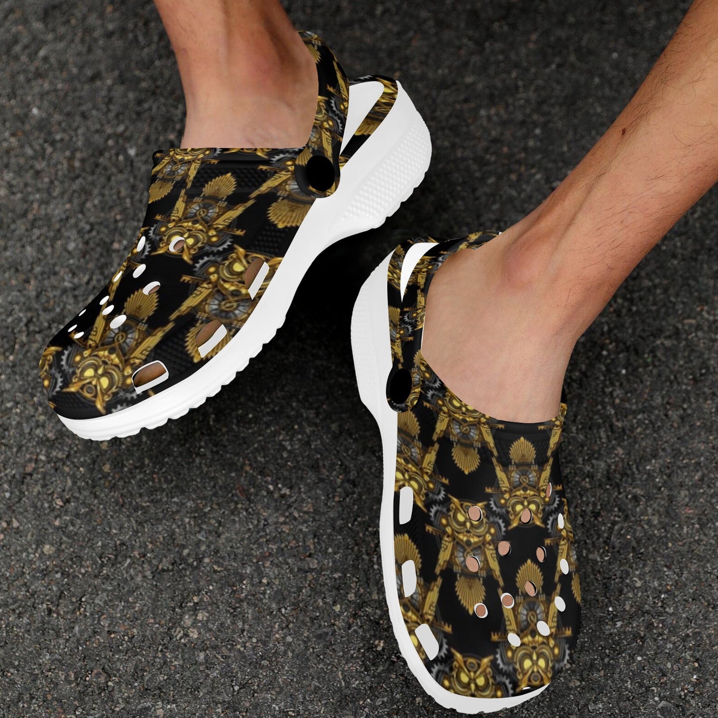 Steampunk Gold Owl Design Themed Print Unisex Clogs Shoes