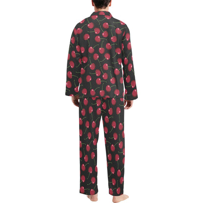 Cherry Black Background Men's Long Pajama Set
