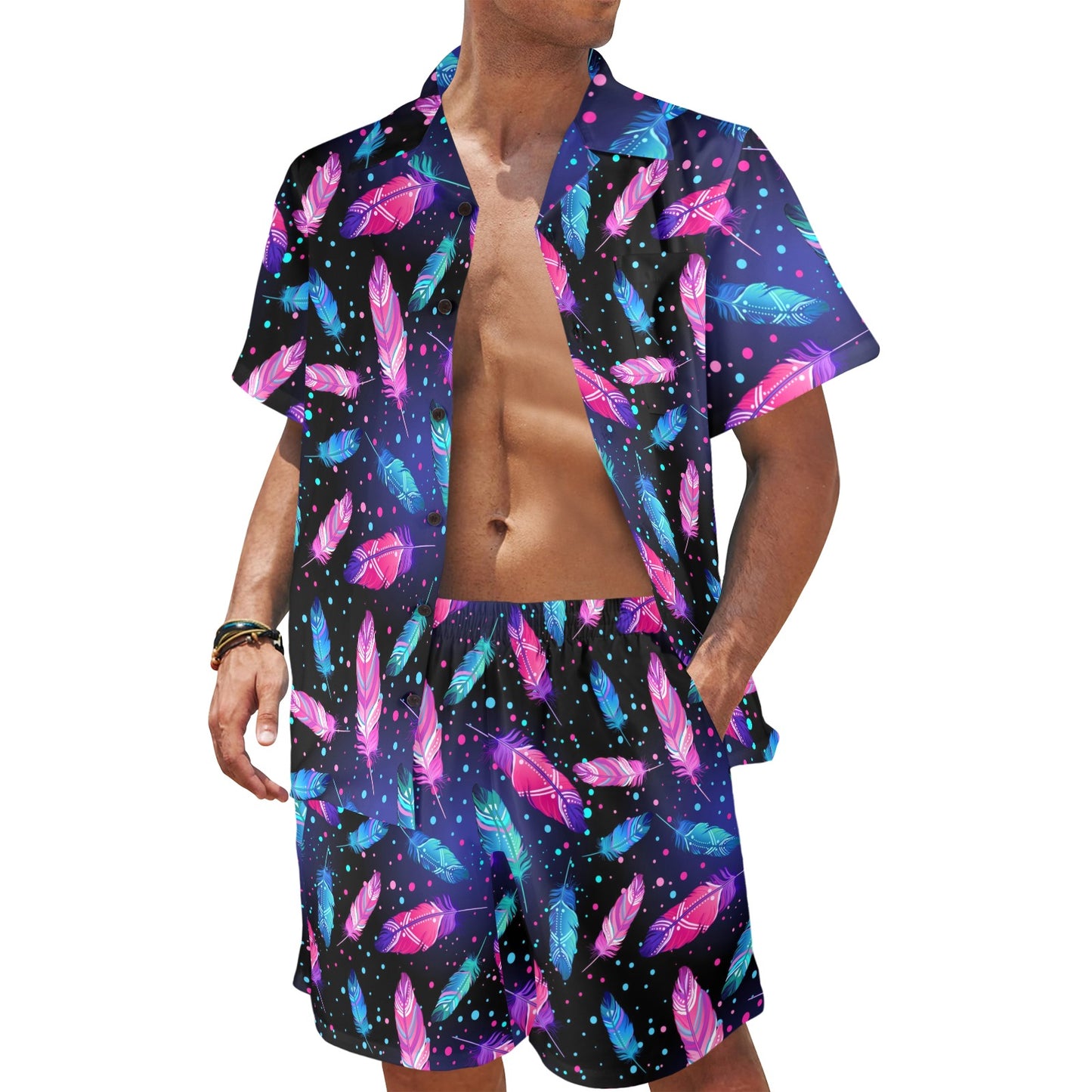 Feather Colorful Boho Design Print Men's Beach Shirt and Shorts Set
